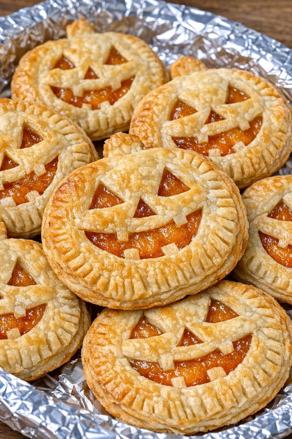 Finished jack-o-lantern hand pies with flaky crust