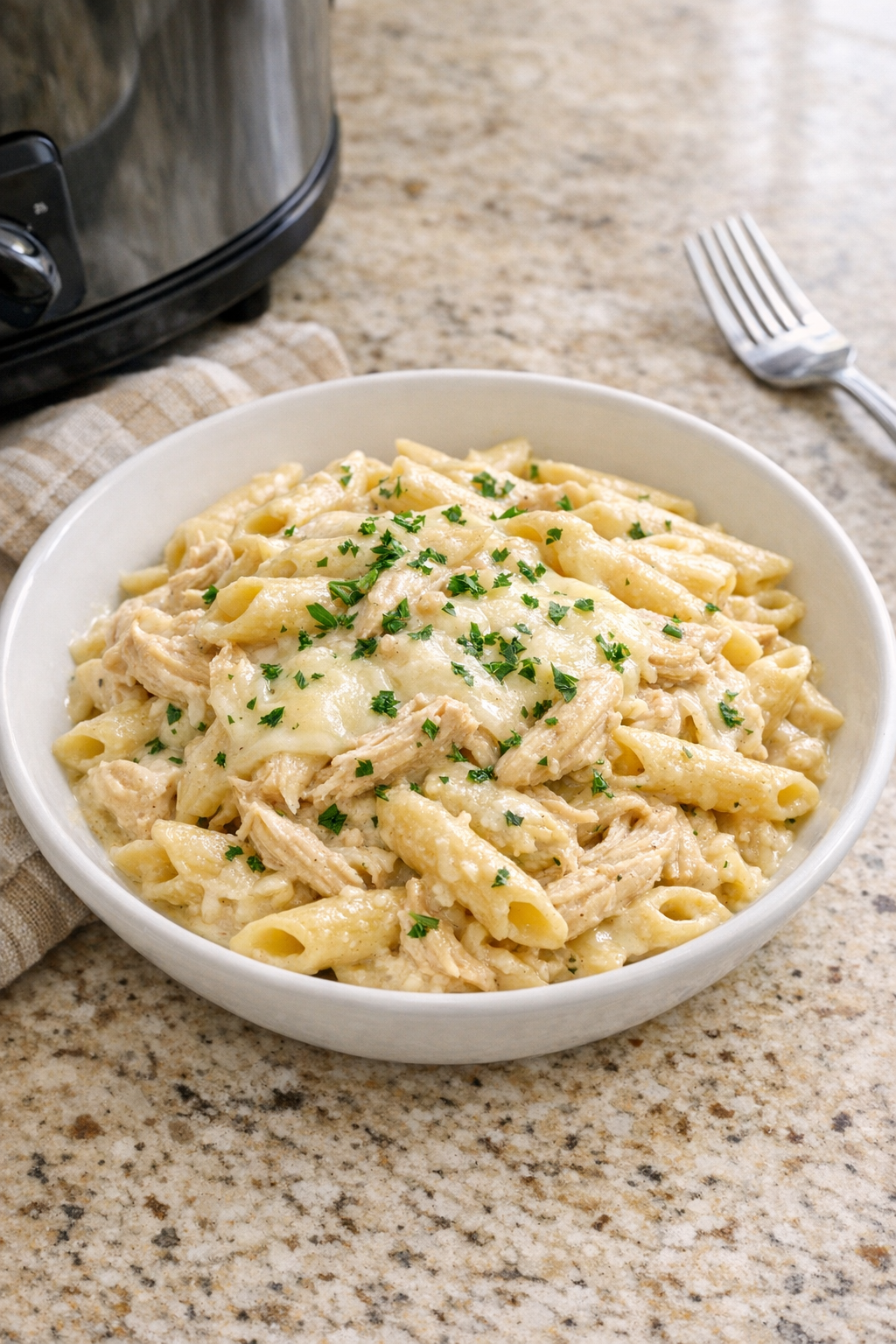 Finished Amish provolone chicken pasta plated in a bowl