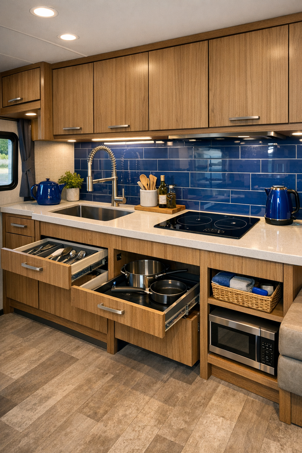Accessible RV kitchen with warm wood cabinetry, light counters, and bright task lighting