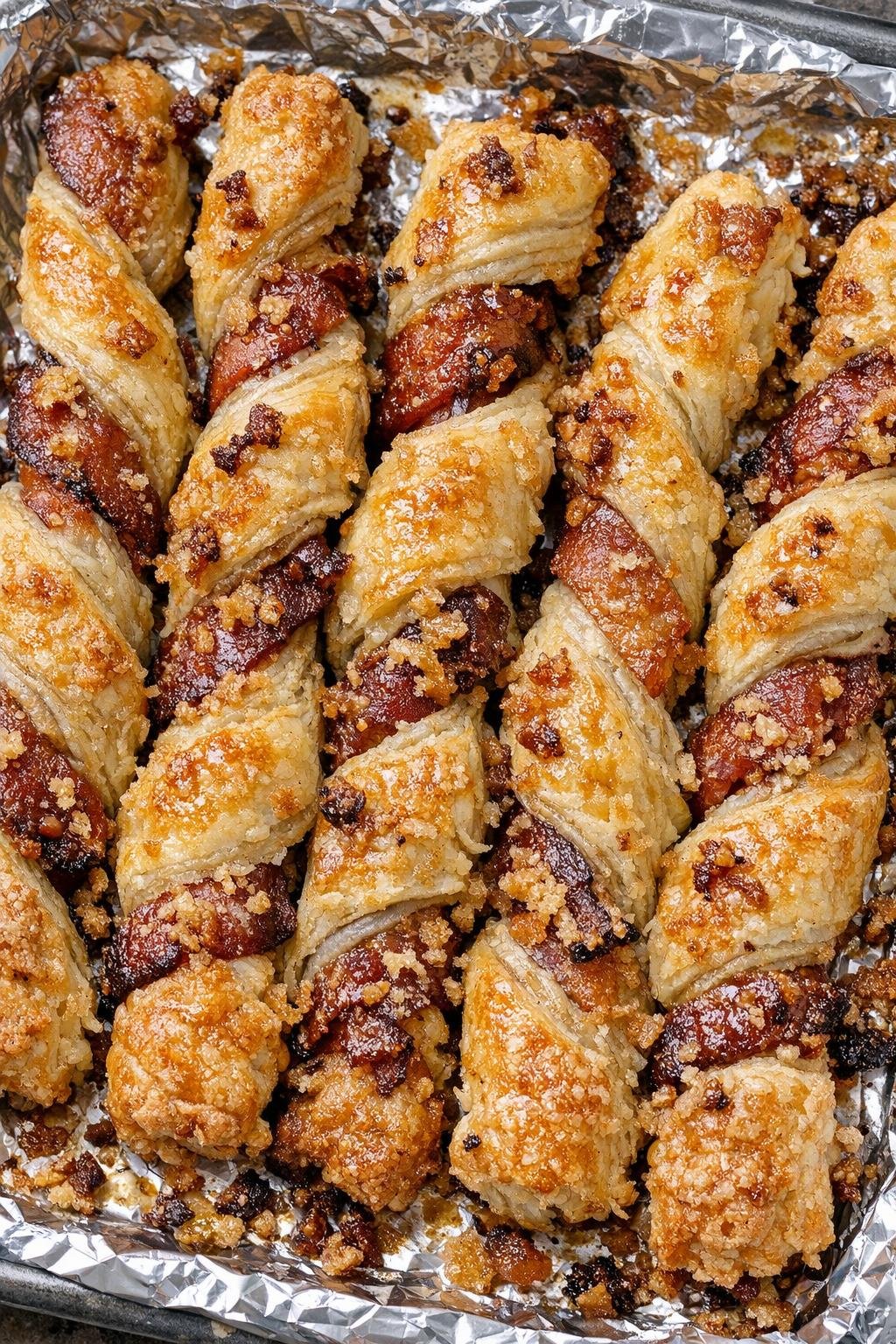 Southern 4-ingredient crispy bacon straws on a foil-lined baking tray