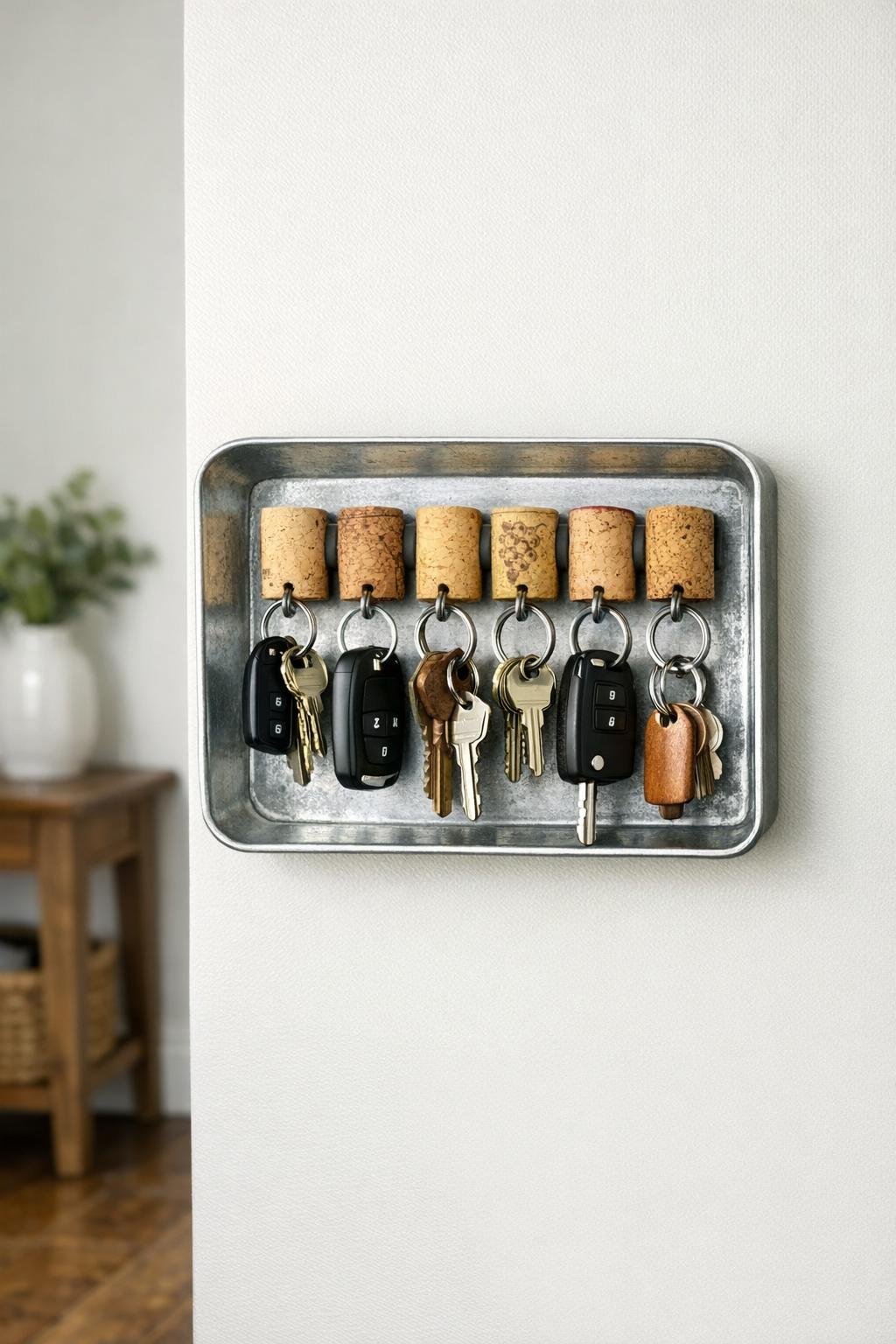 Finished DIY key station made from wine corks on a small metal tray in an entryway