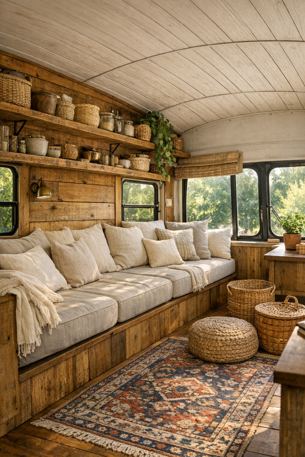 Rustic bus living room with built-in bench seating and warm wood finishes