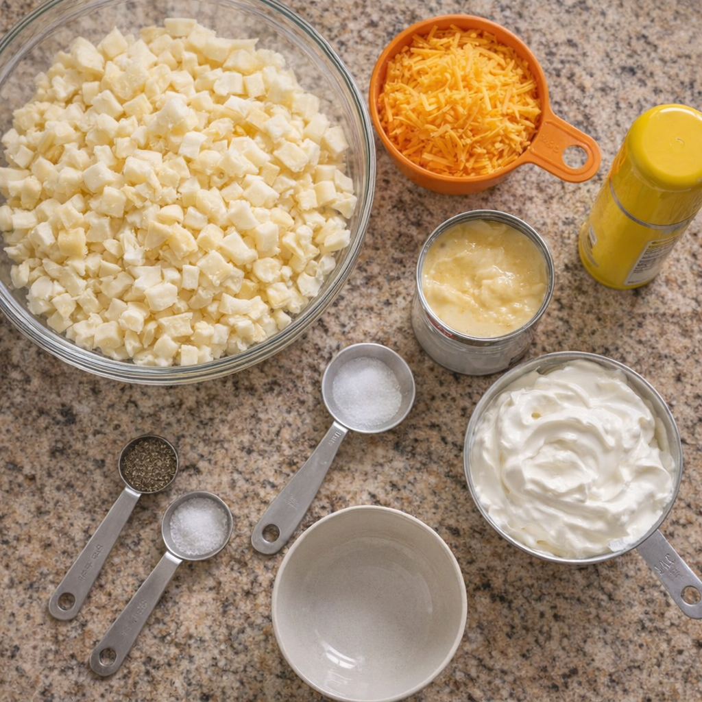 Hash brown bake ingredients laid out on a kitchen counter