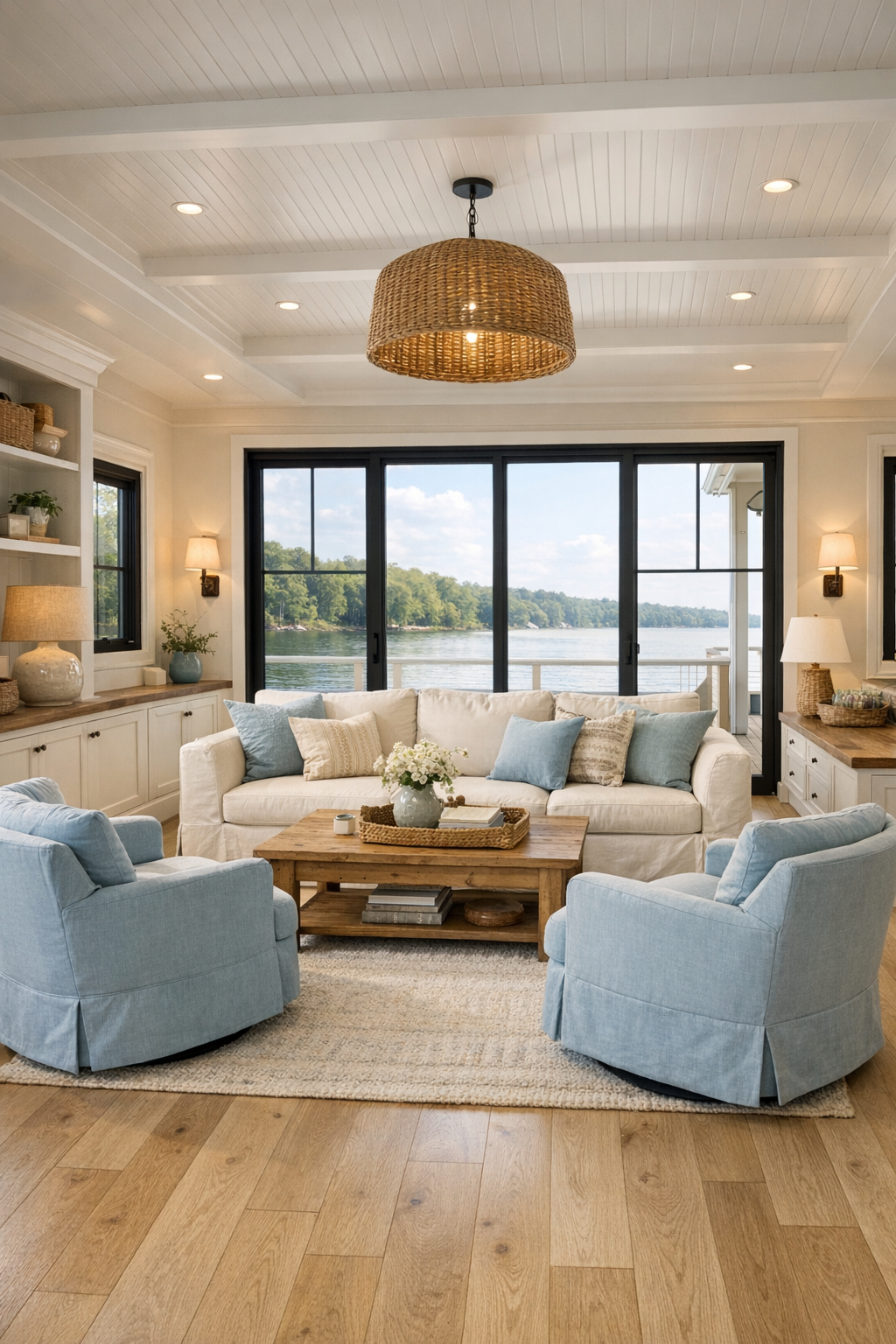 Bright cottage-style living room on a lake houseboat with pale oak floors, soft blue accents, and wide open circulation