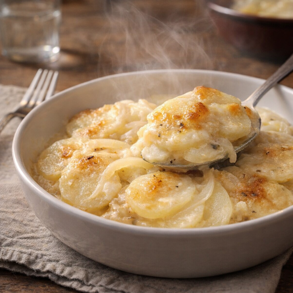 Finished scalloped potatoes spooned into a simple dish