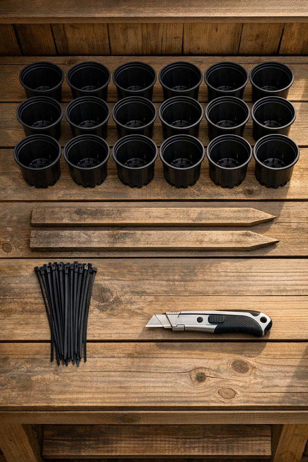 Materials for a bulb storage crate laid out on a potting bench