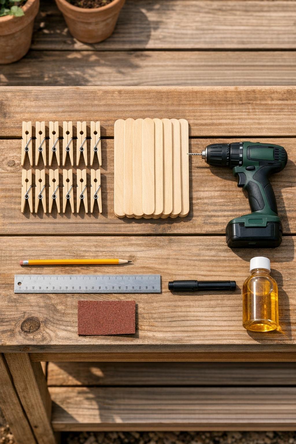 Wooden clothespins, popsicle sticks, drill, and simple supplies laid out for making garlic planting depth markers