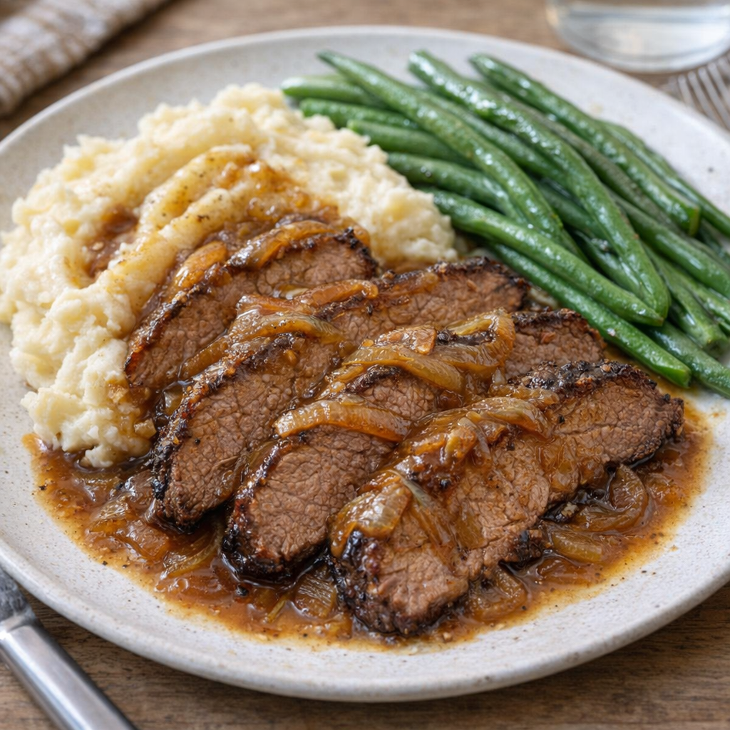 Brisket dinner with mashed potatoes and green beans