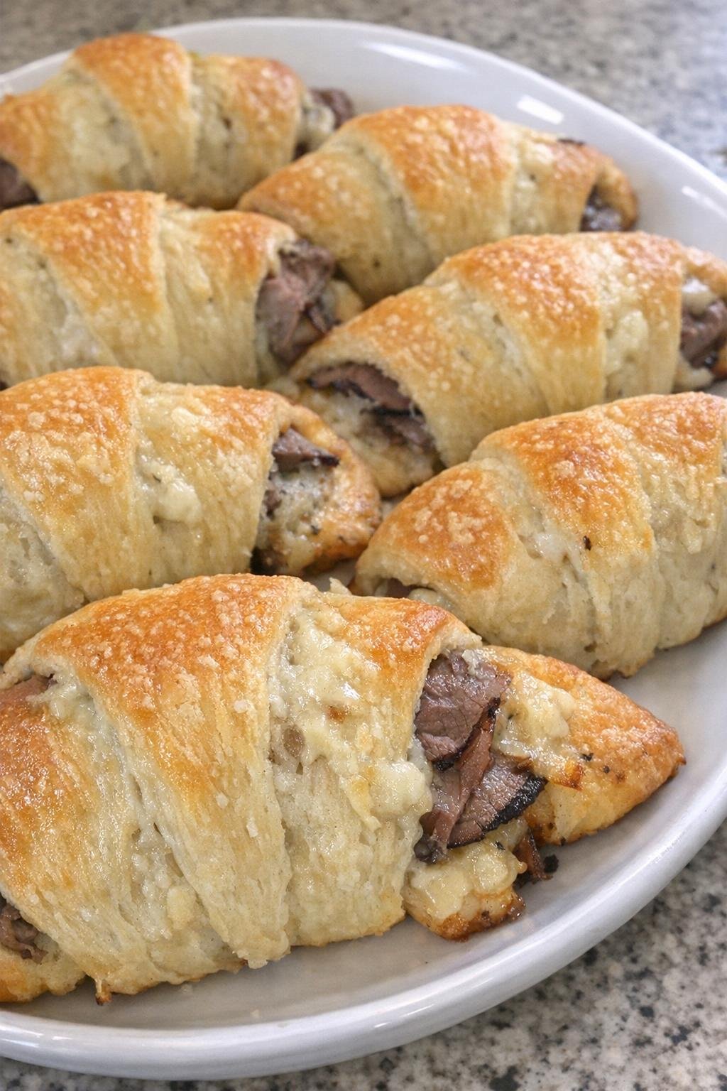 Golden brown roast beef and asiago crescent rolls on a white platter