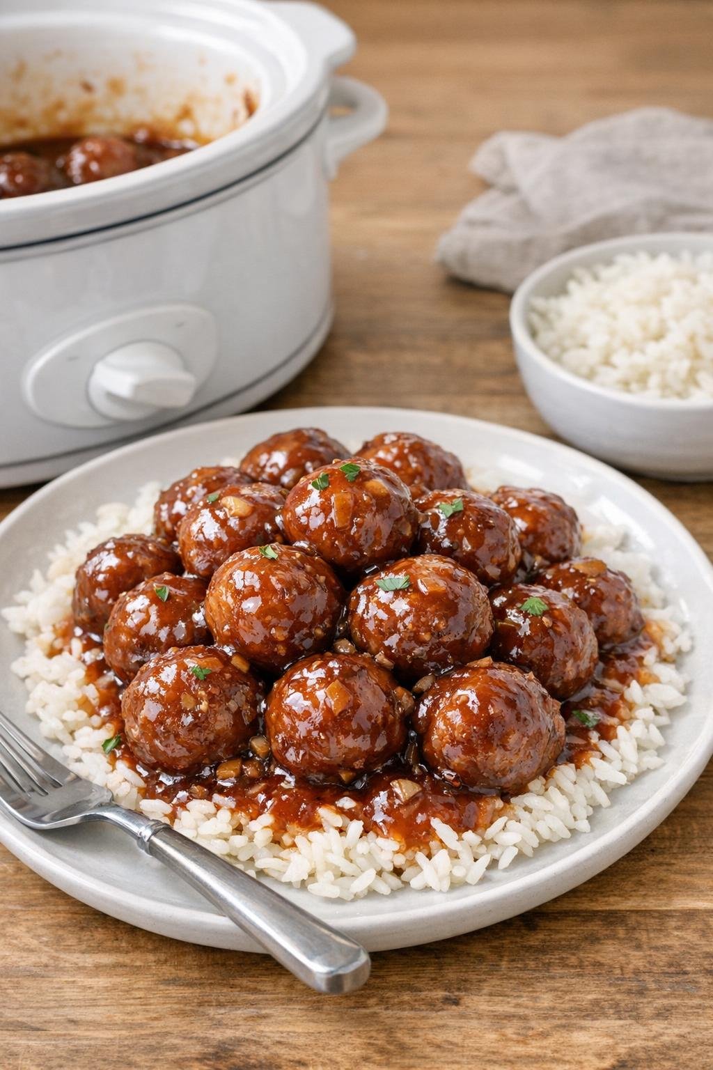 Plated slow cooker meatballs in sauce