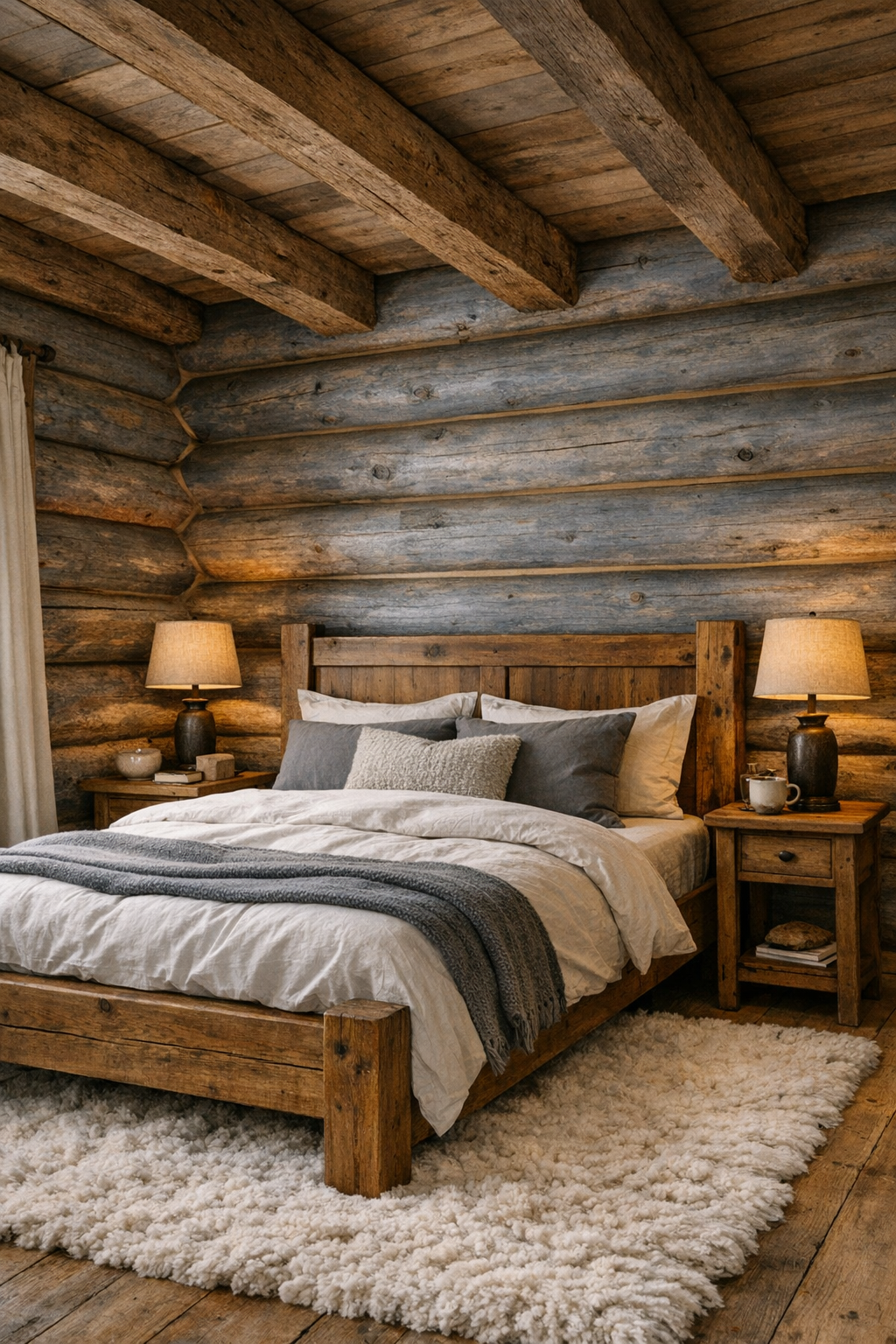 Bedroom with a wood bed, layered neutral bedding, and exposed log walls