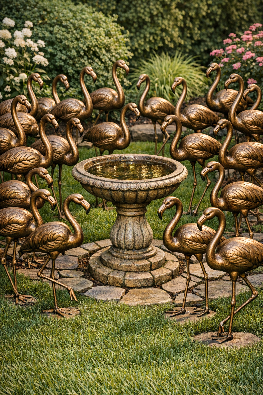 Finished faux bronze flamingo sculpture display around a stone birdbath