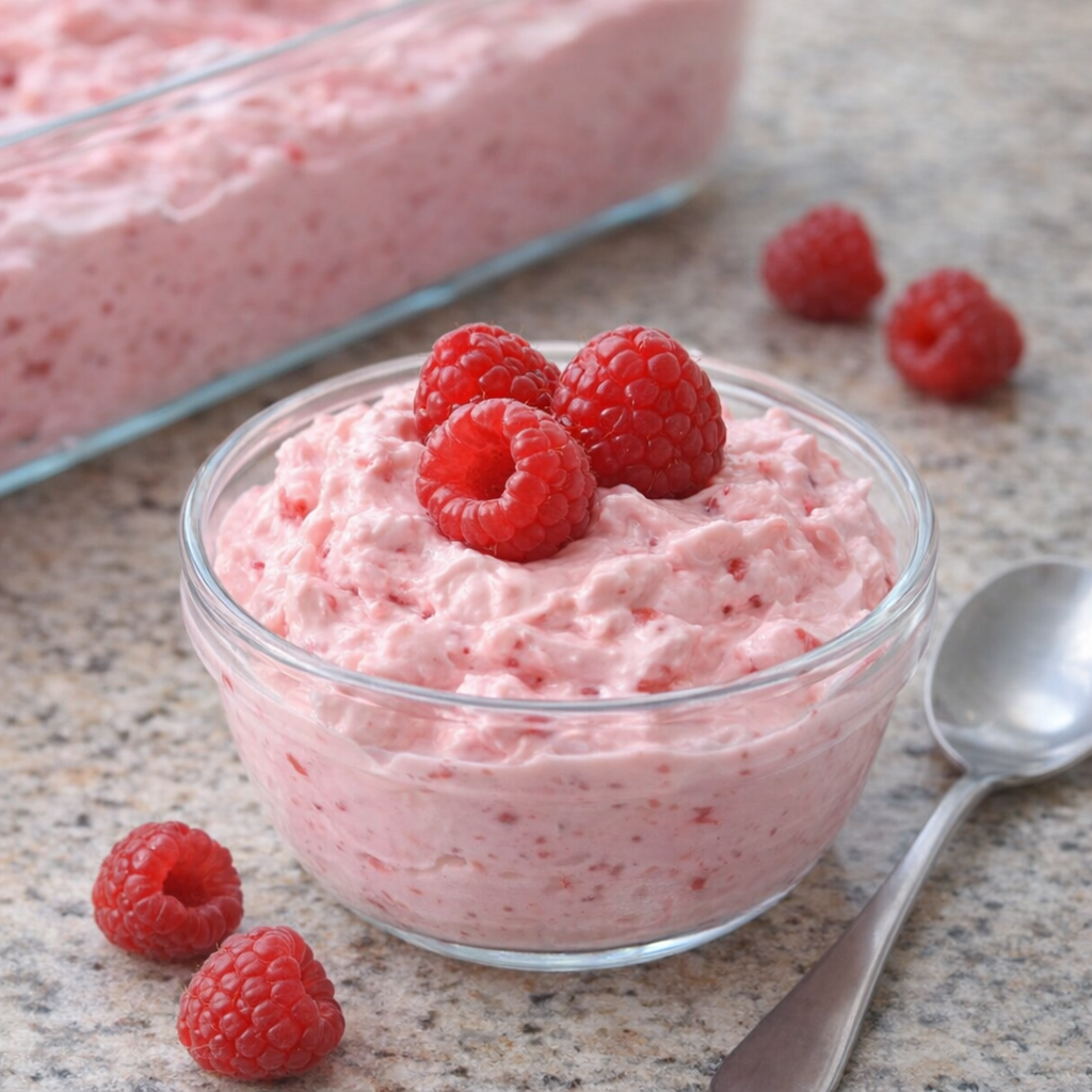 Pink raspberry fluff dessert scooped into a glass bowl