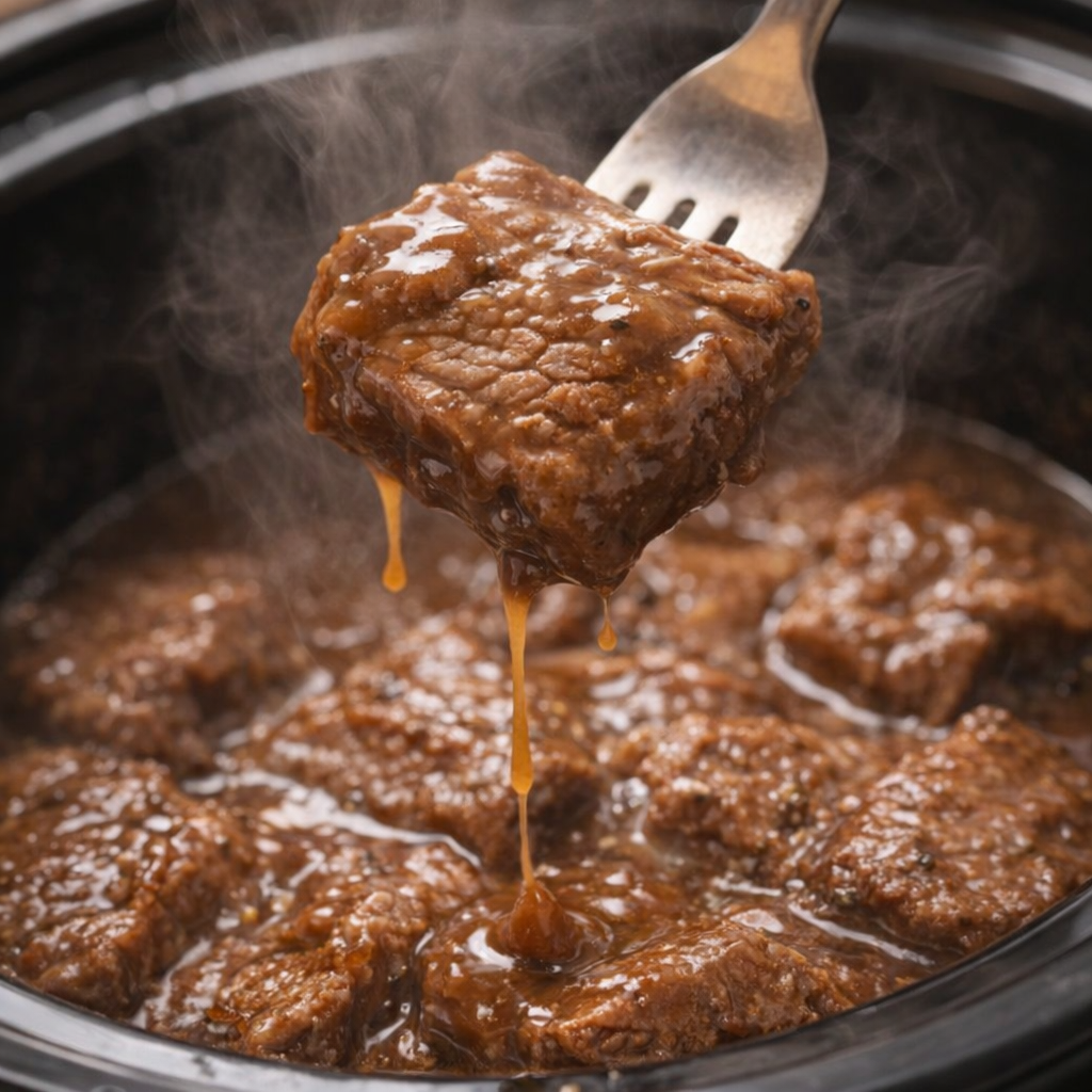 Tender cubed steak being lifted with a fork from the slow cooker