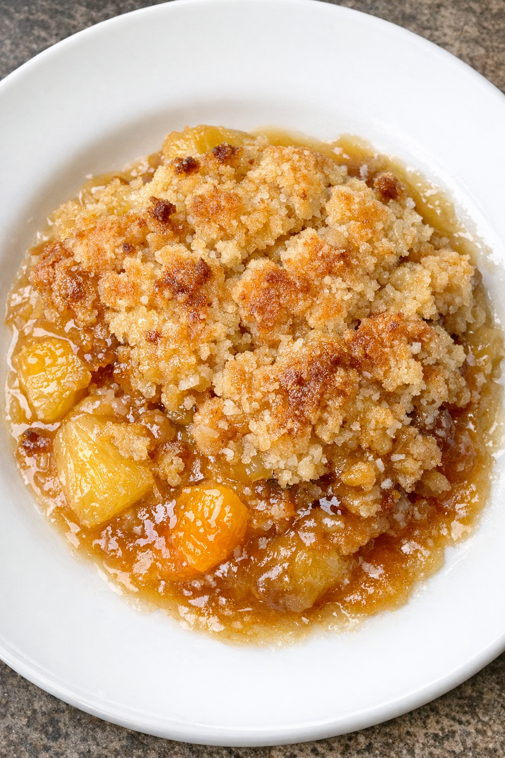 Slow cooker mai tai dump cake served on a white plate