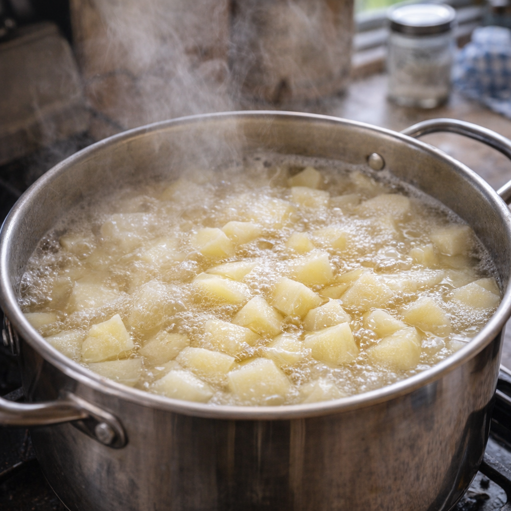 Potatoes boiling in a large pot on the stove