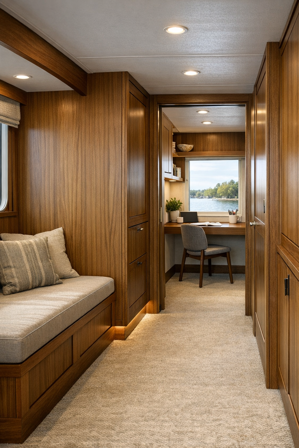 Houseboat hallway and office nook with built-ins, wood bench, and soft lighting