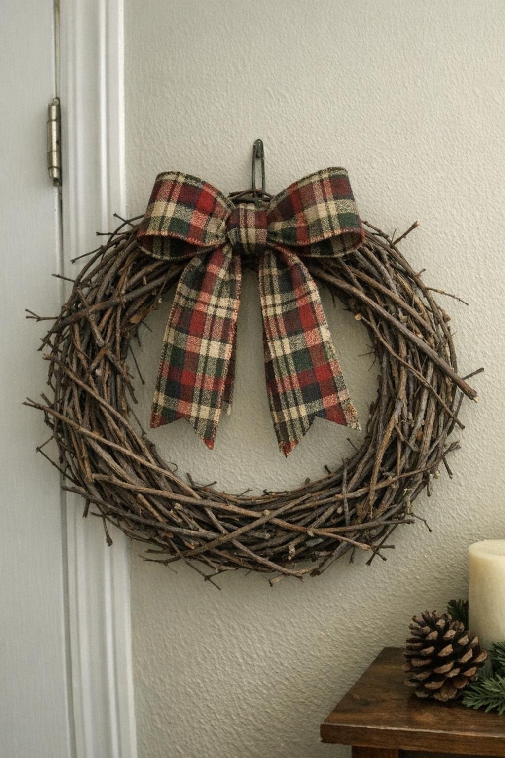 Twig wreath on a wire frame with a plaid bow