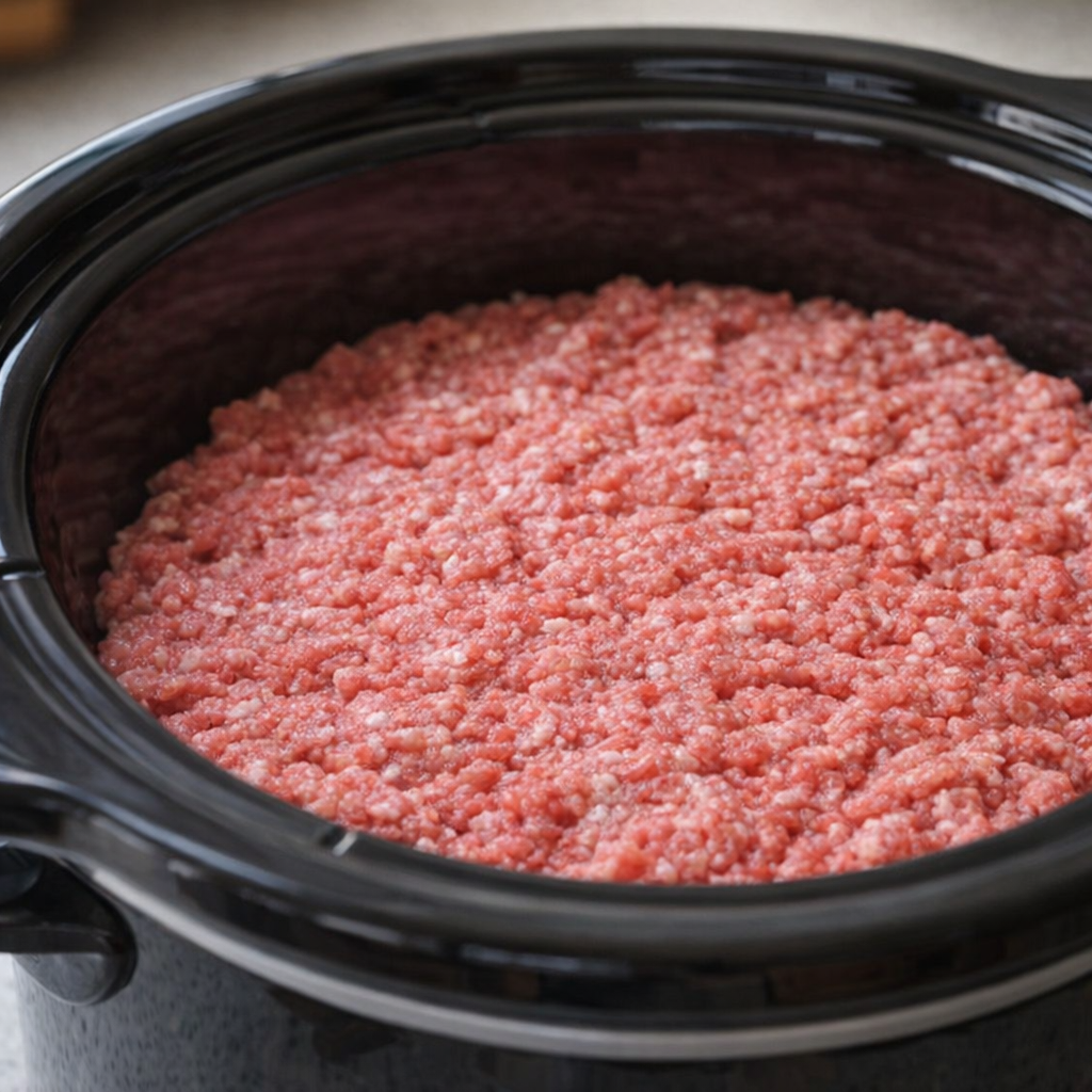 Ground beef spread in an even layer inside a slow cooker