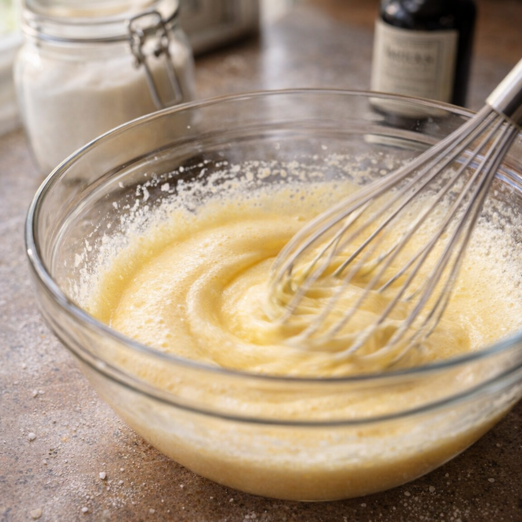 Eggs and sugar being whisked in a mixing bowl