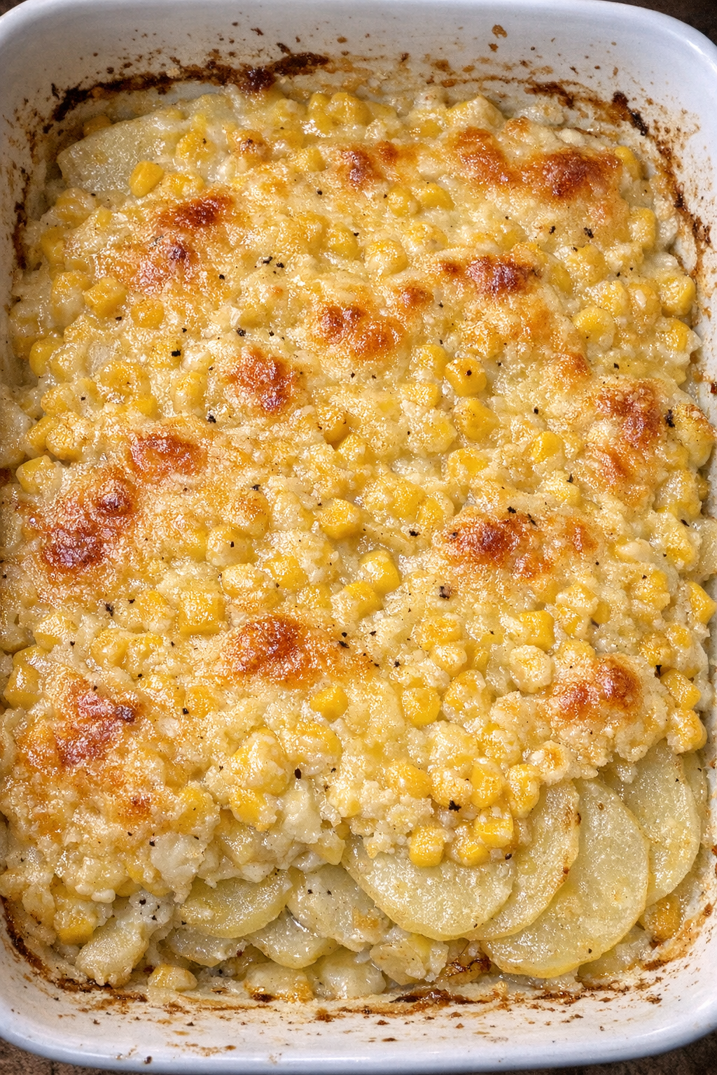 Creamy layered potatoes with golden creamed corn topping in a white casserole dish