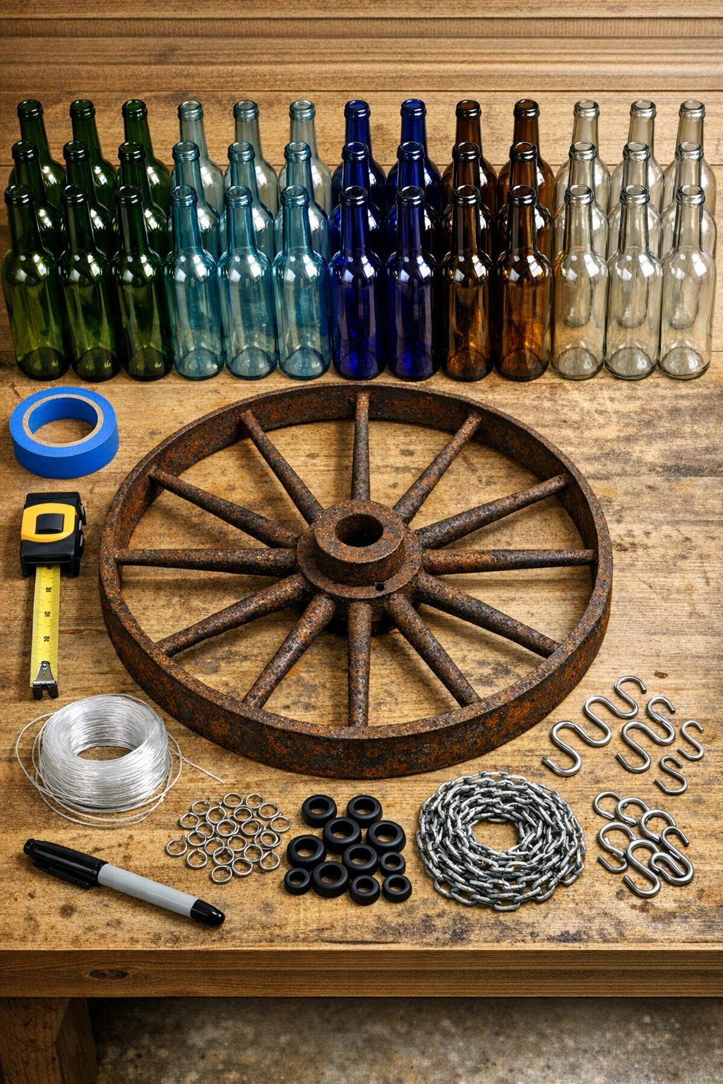 Materials for giant backyard bottle wind chimes laid out together