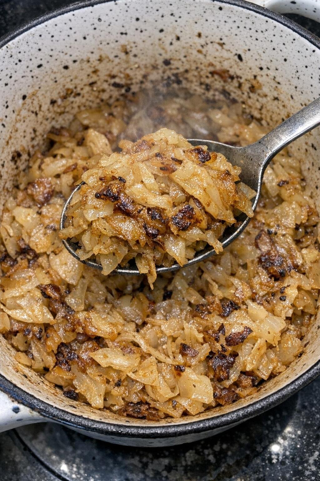 Tender caramelized cabbage in a speckled enamel pot