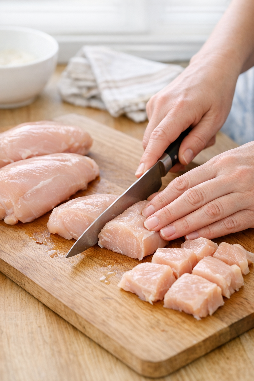 Chicken breasts cut into smaller pieces on a cutting board