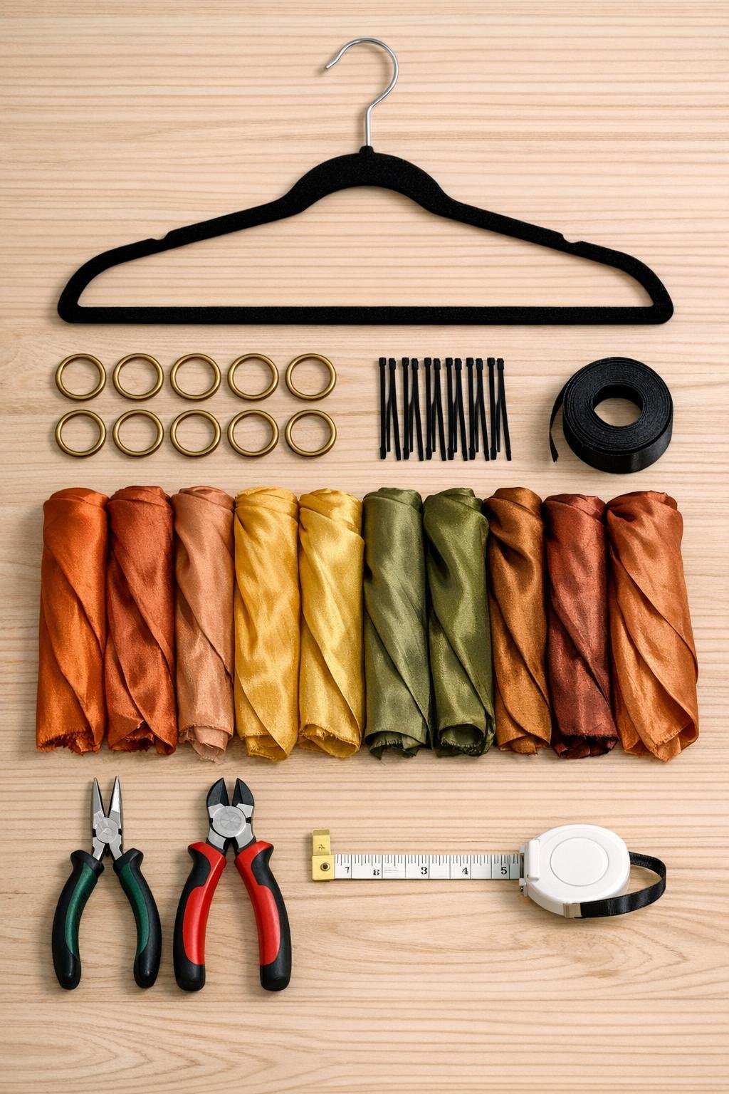 Materials for the scarf organizer laid out on a table