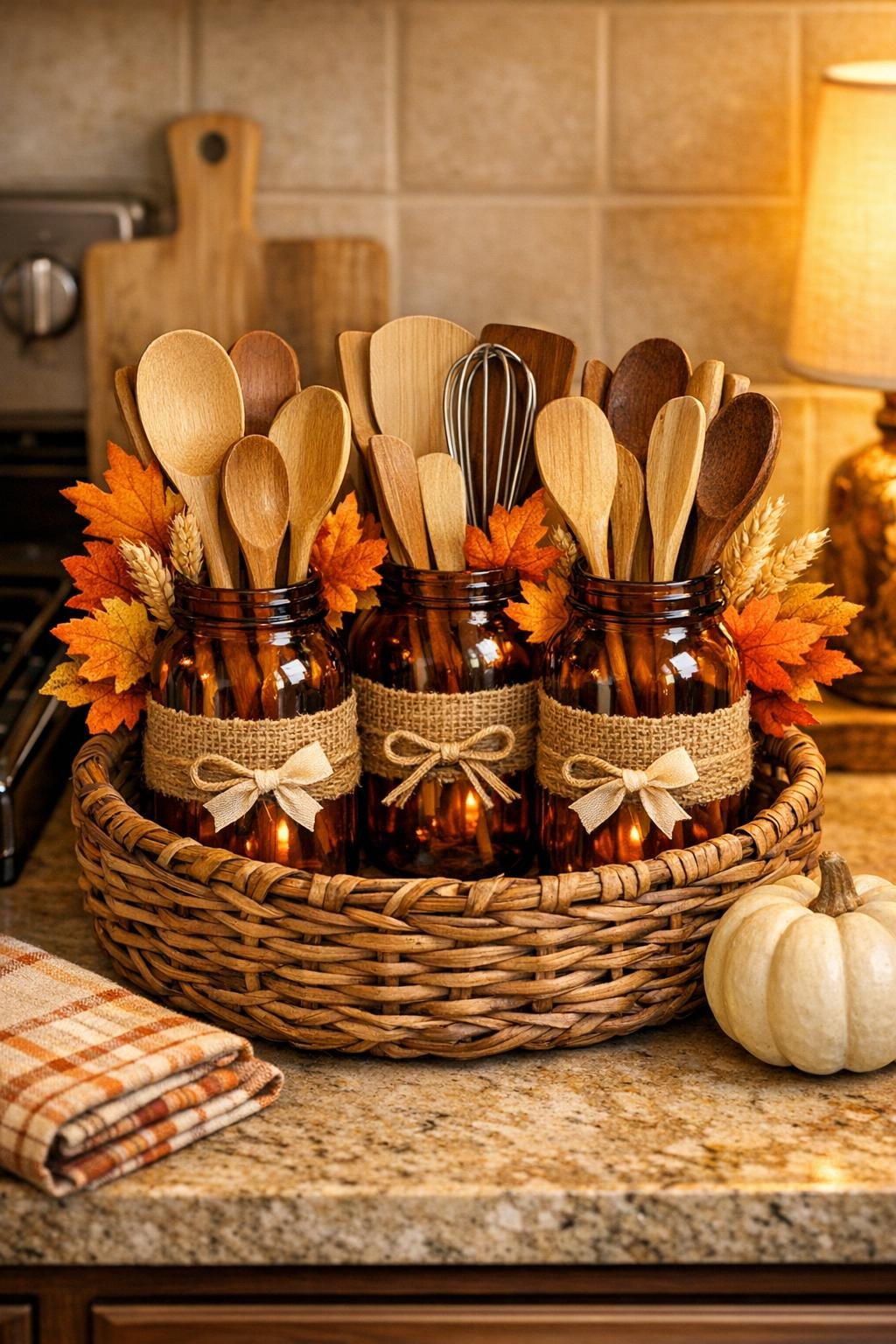 Finished fall utensil divider in a wicker basket on a kitchen counter