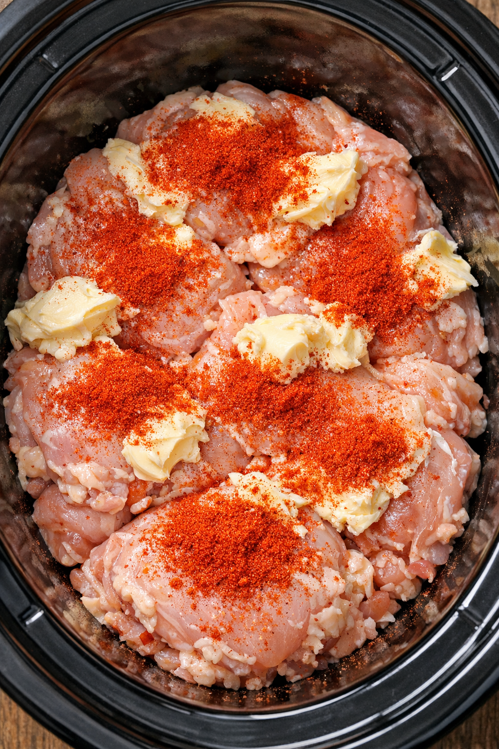 Paprika sprinkled over buttered chicken in the slow cooker