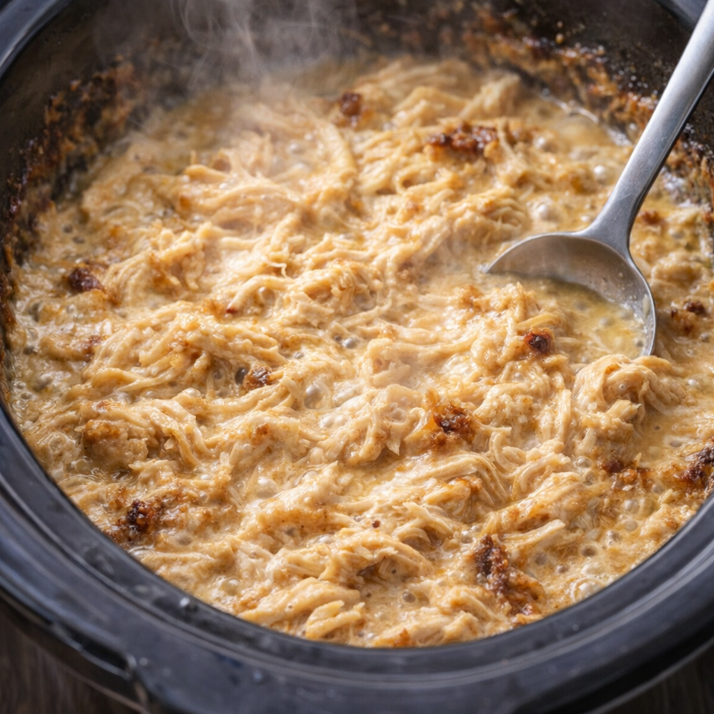 Finished creamy shredded chicken bubbling in the cooker
