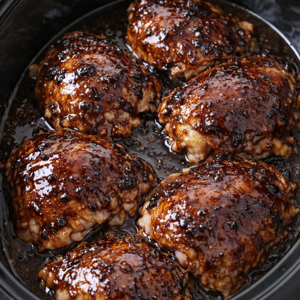 Chicken thighs covered in dark sauce in the slow cooker