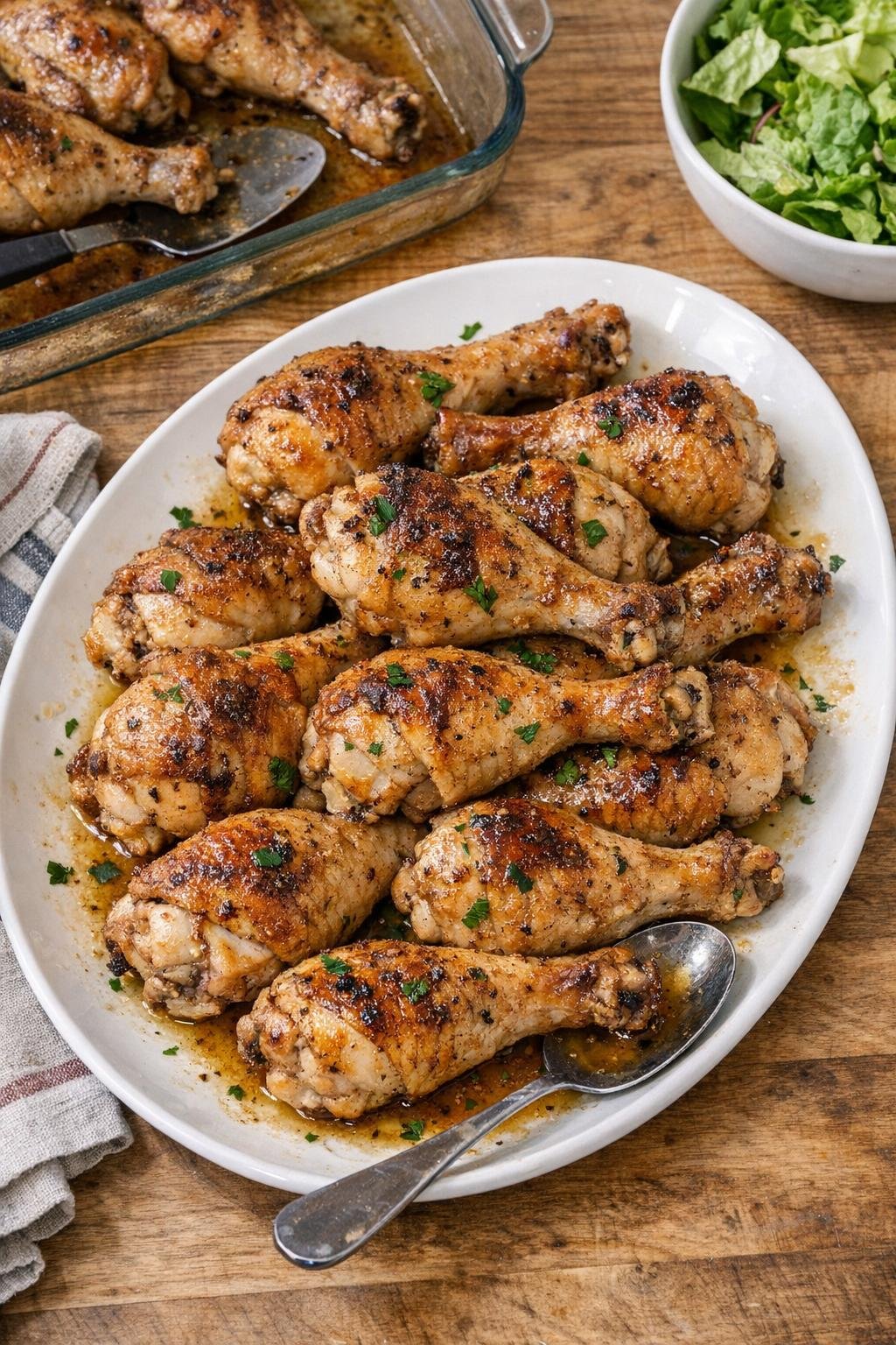 Baked chicken drumsticks on a serving plate