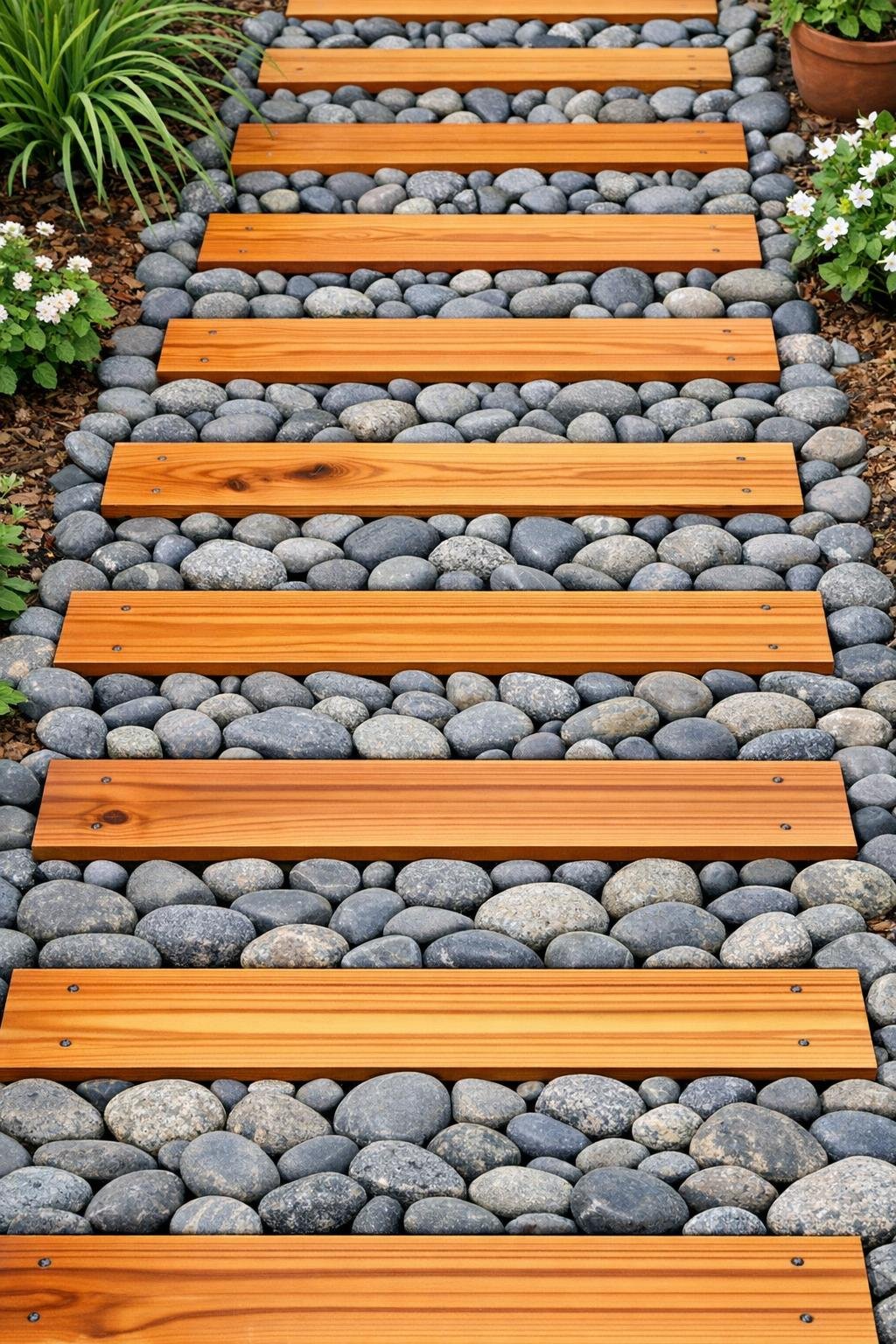 Finished cedar slat walkway set over smooth gray river rock in a garden
