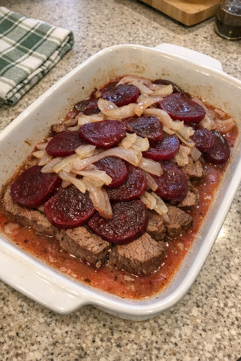 Finished baked beef and pickled beet casserole in a rustic baking dish