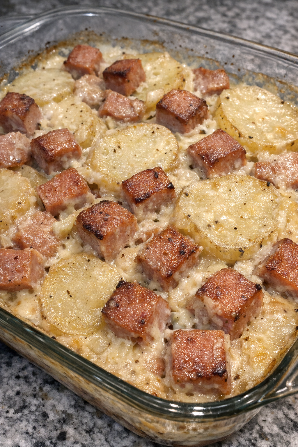 Golden browned cubed spam and sliced potatoes in creamy sauce in a glass baking dish