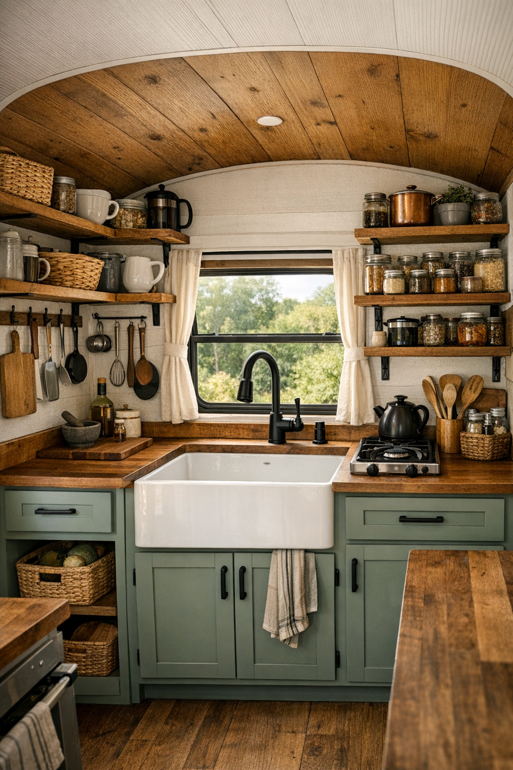 Galley kitchen inside converted bus with sage cabinets and butcher-block counters