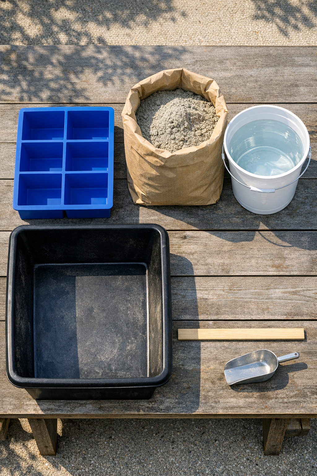Jumbo silicone ice cube trays and cement materials laid out for making garden bricks