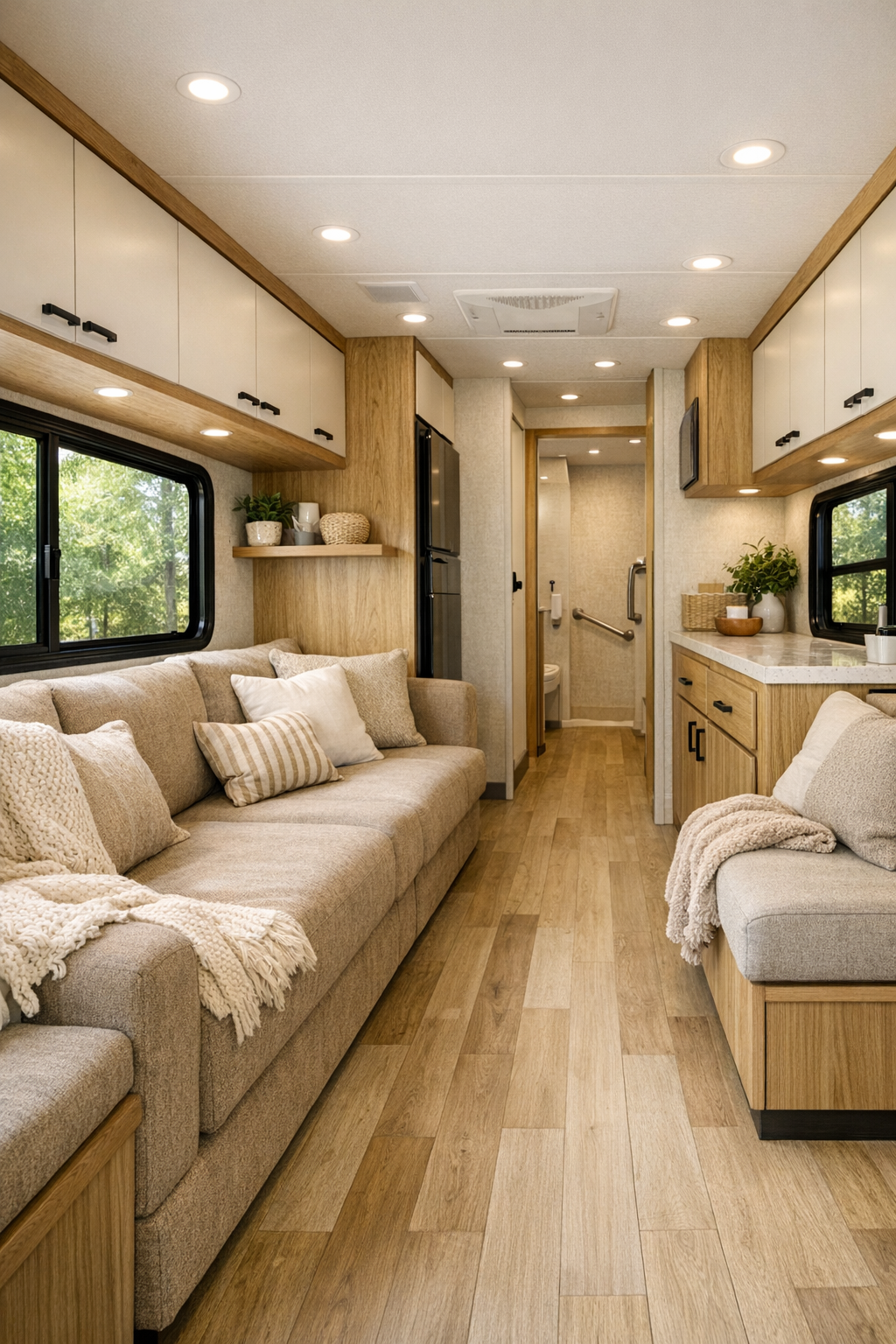 Accessible RV camper living room with warm oak cabinetry and soft neutral seating