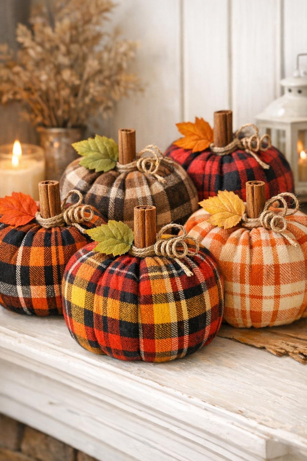 Finished no-sew flannel pumpkins styled together
