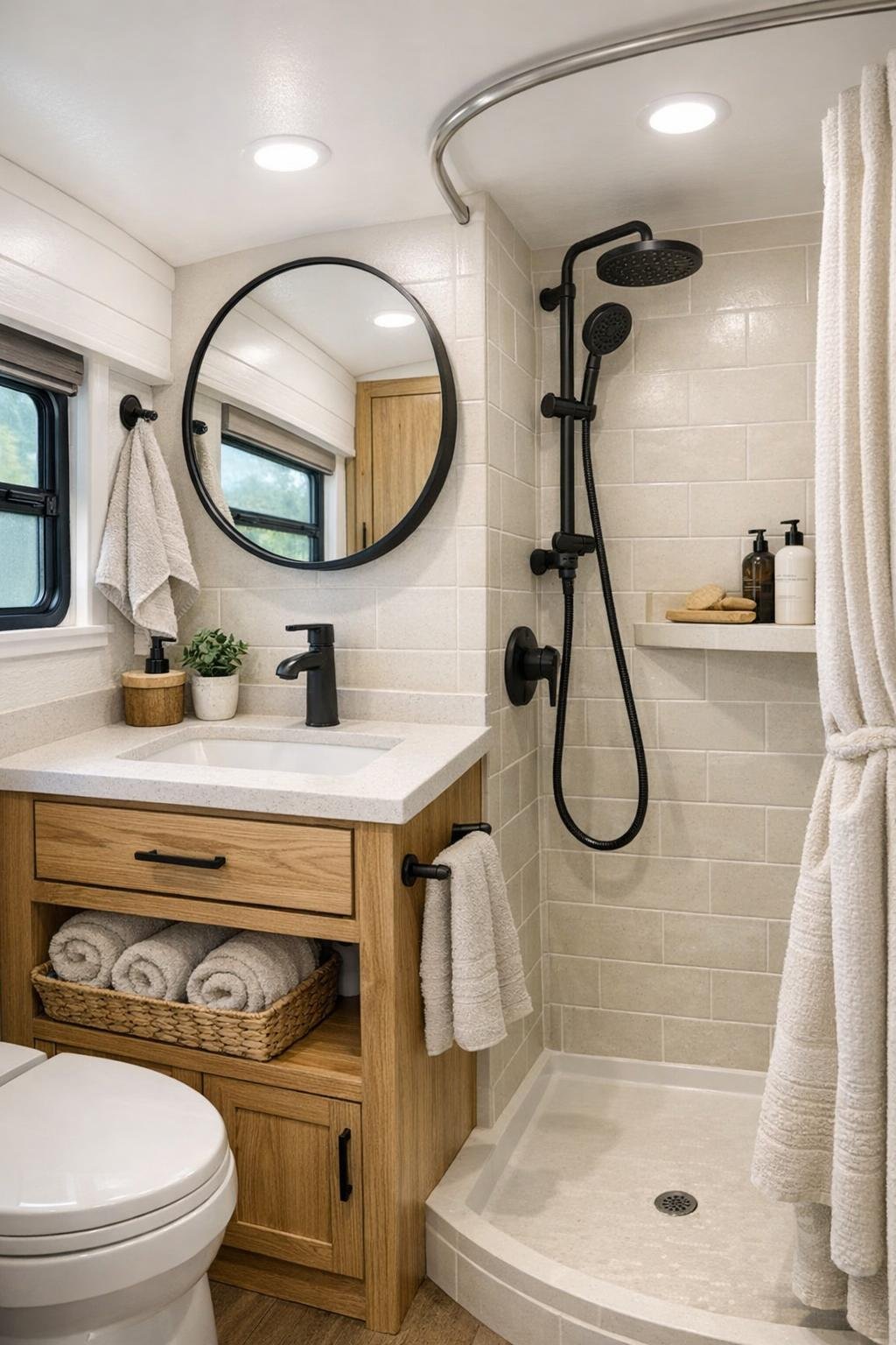 Compact bus bathroom with oak vanity, pale counter, and cream tile shower