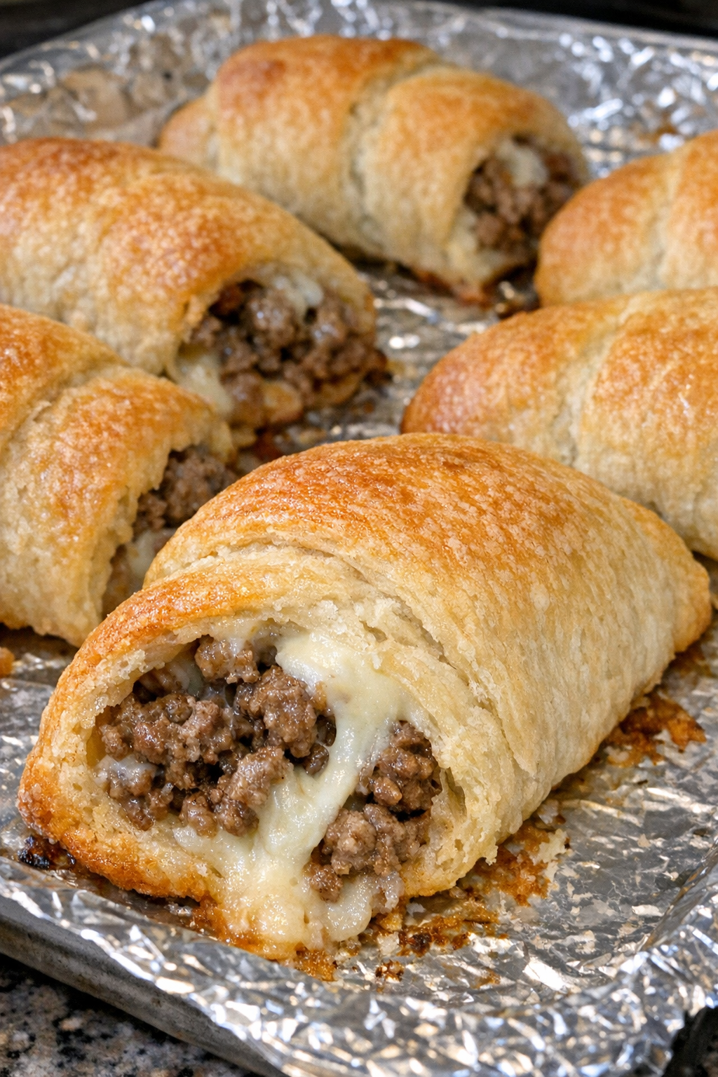 Oven baked beef crescent logs on a foil-lined baking sheet
