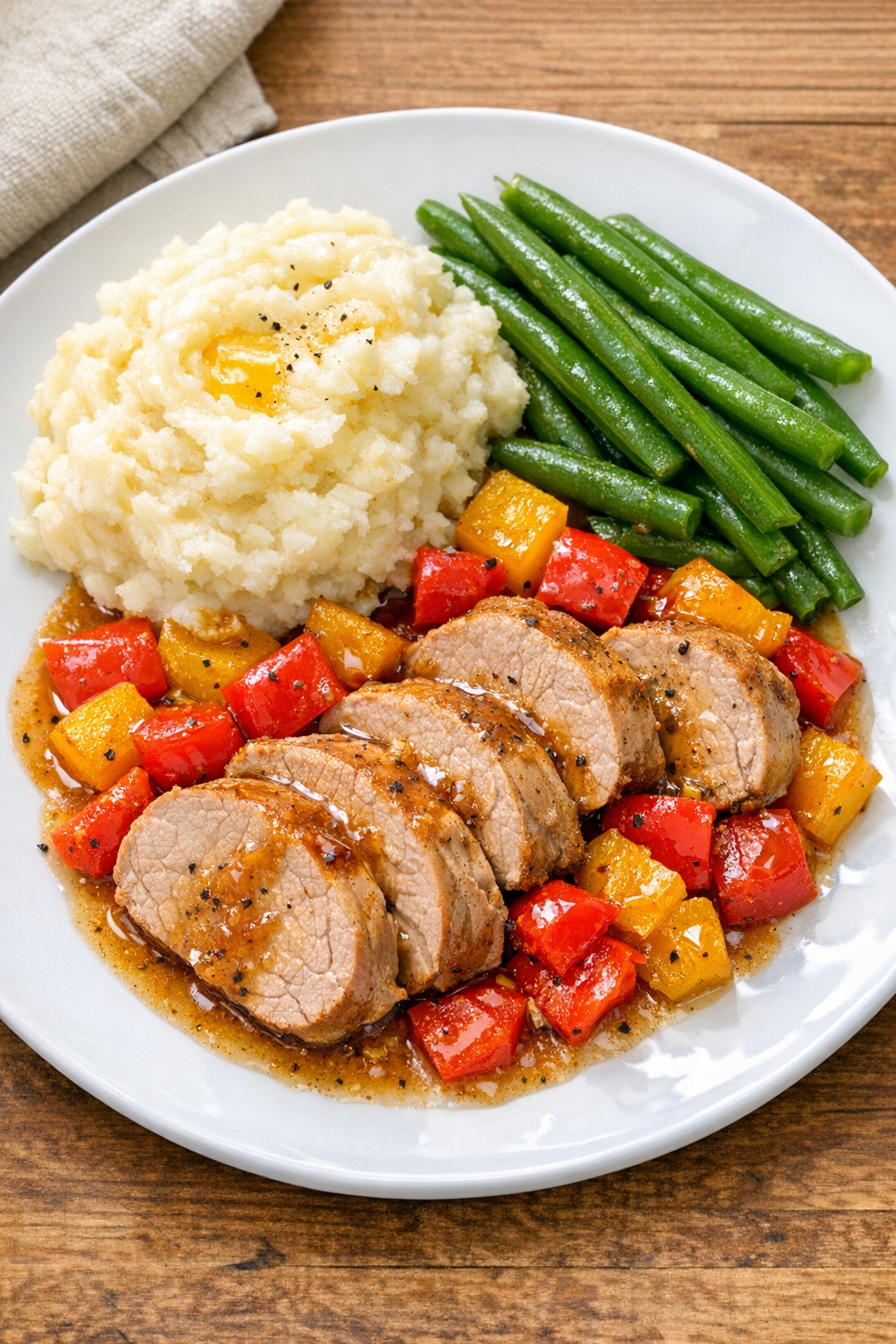 Finished slow cooker pork tenderloin sliced and plated