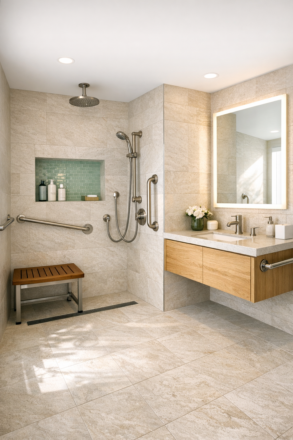 Warm accessible bathroom with curbless shower, pale limestone tile, teak bench, and white oak vanity