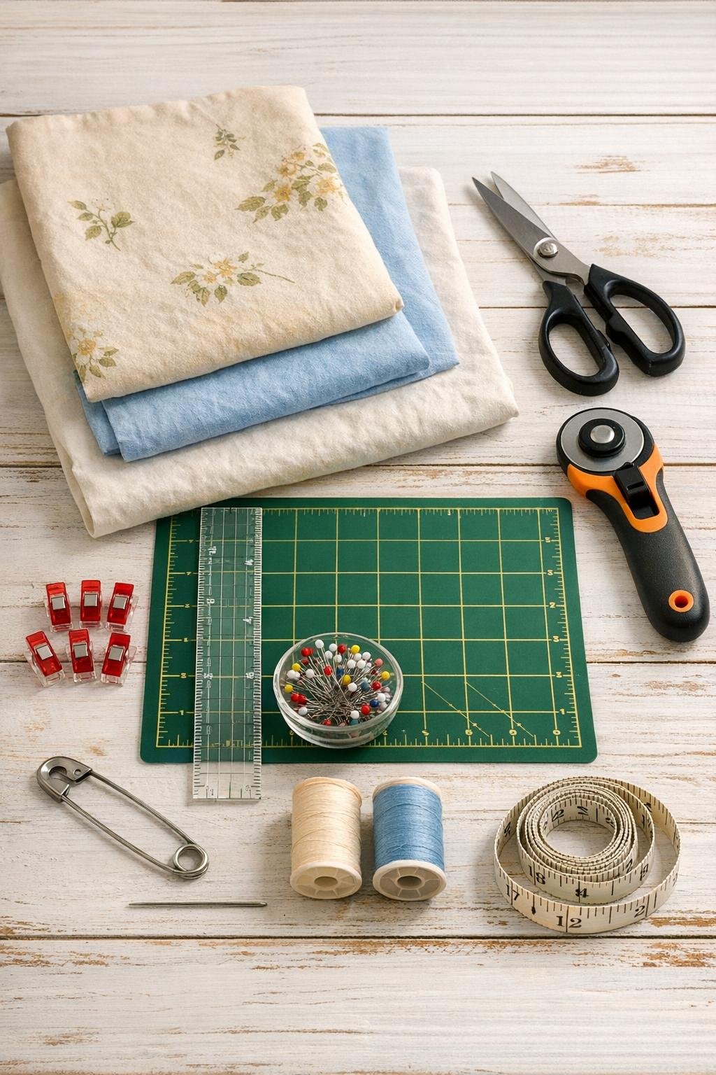 Old cotton pillowcases and basket-making supplies laid out together