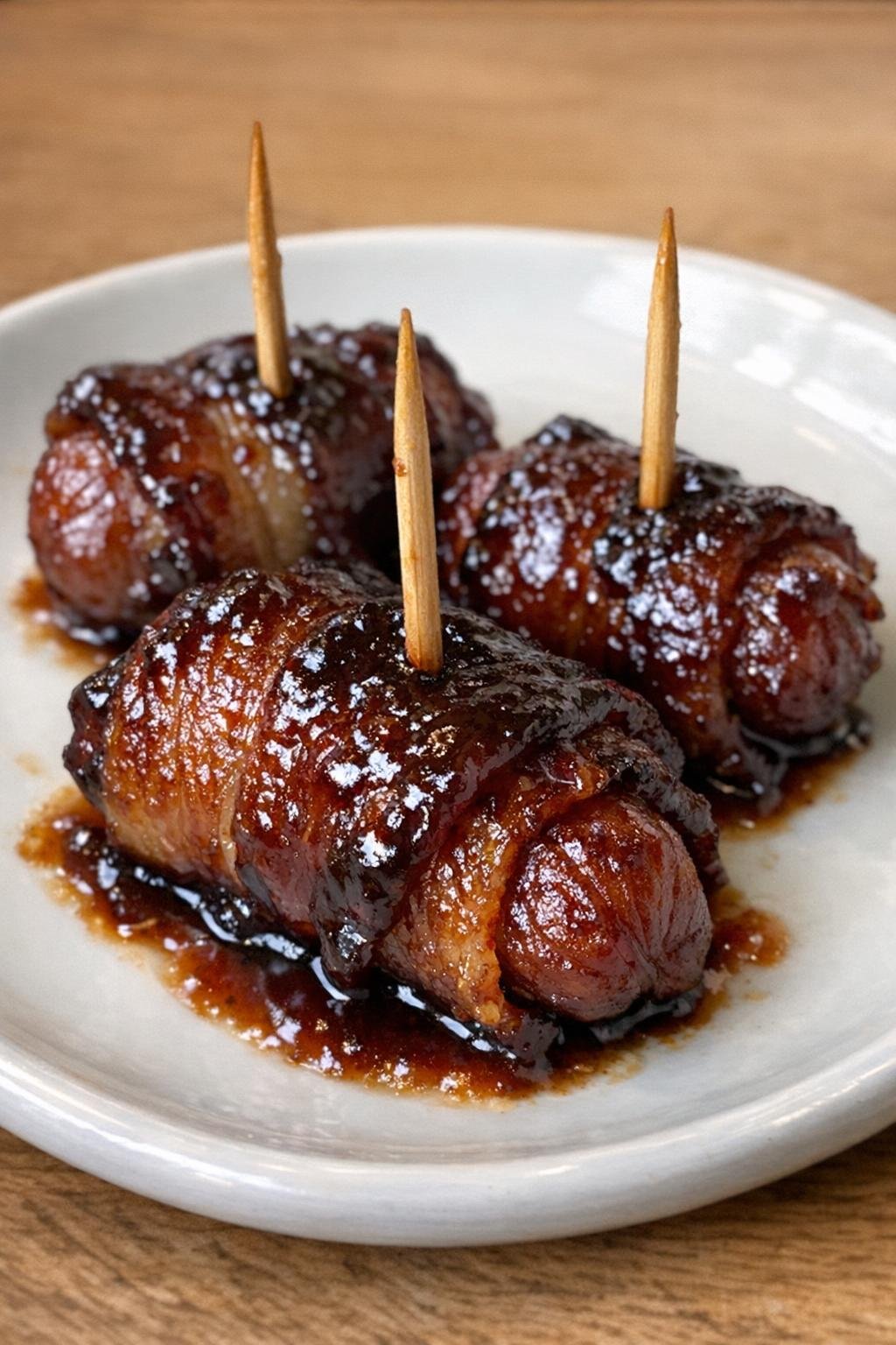 Slow cooker BBQ bacon wrapped lil smokies on a white plate