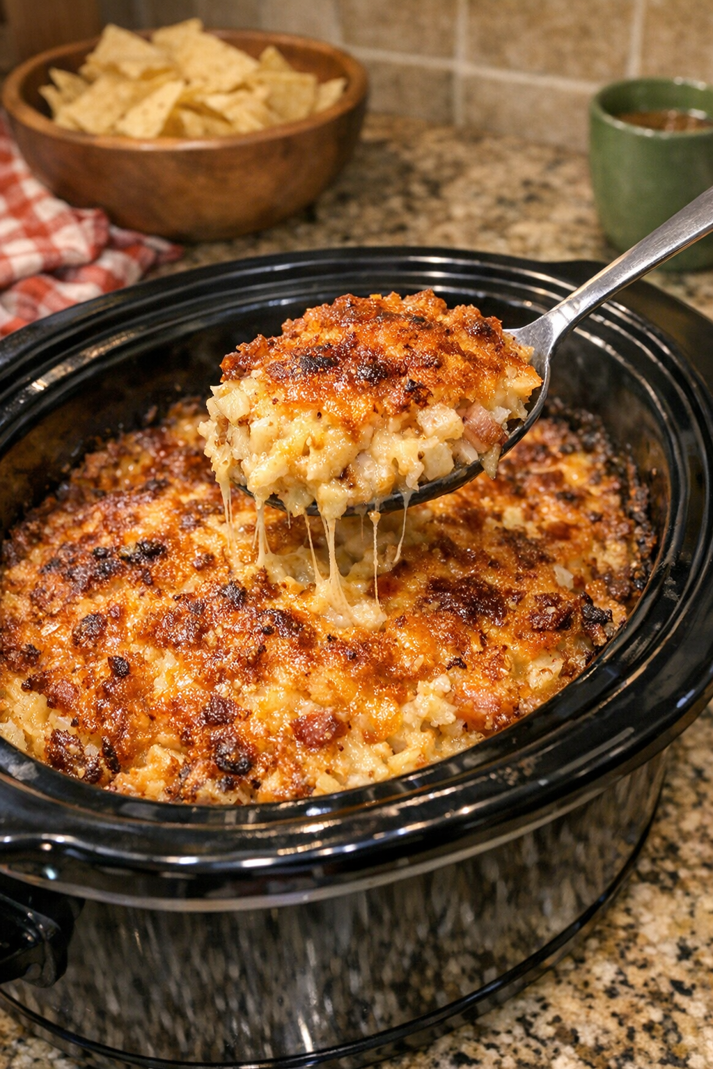 Finished cheesy hash brown casserole served from the slow cooker