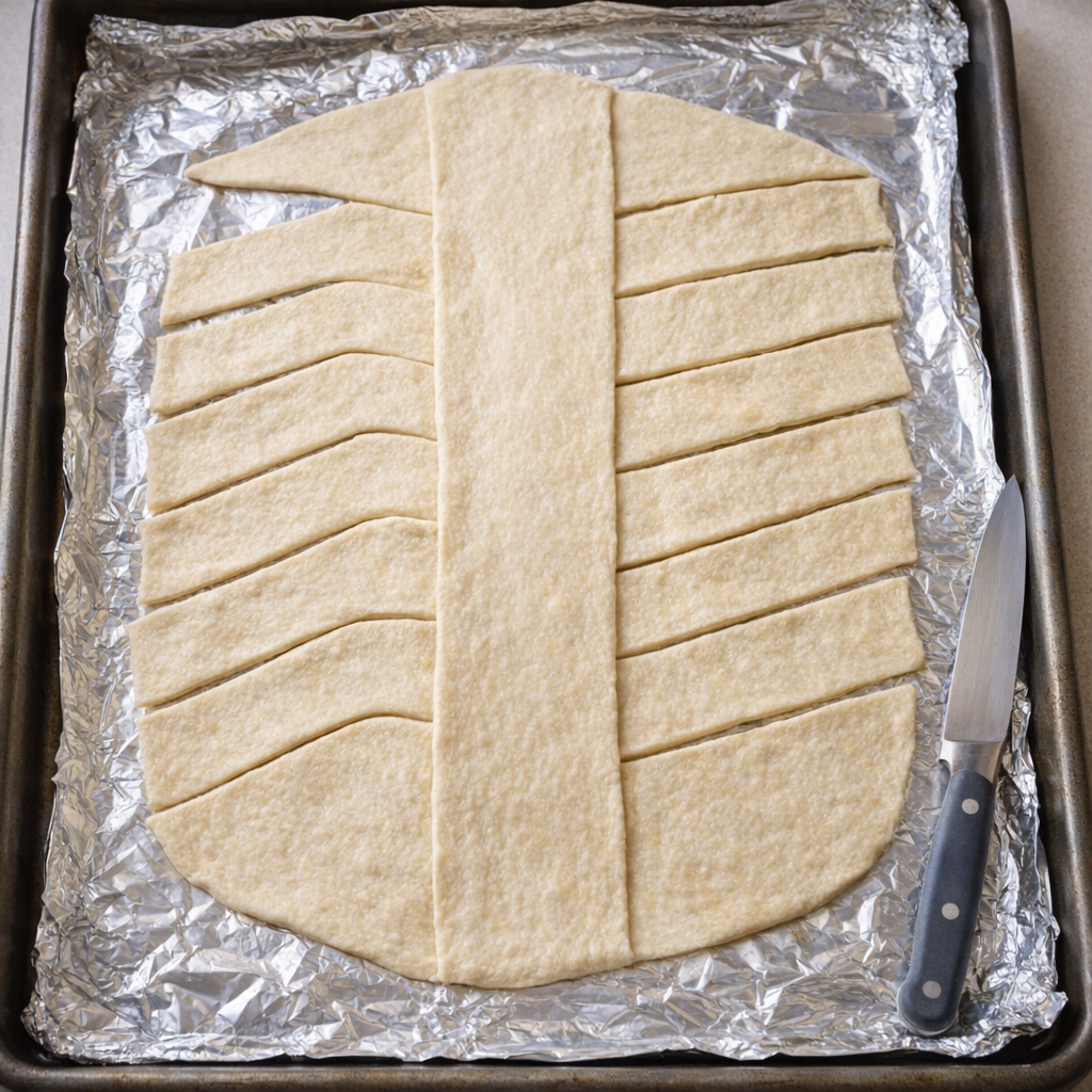 Crescent dough rectangle cut into braid strips