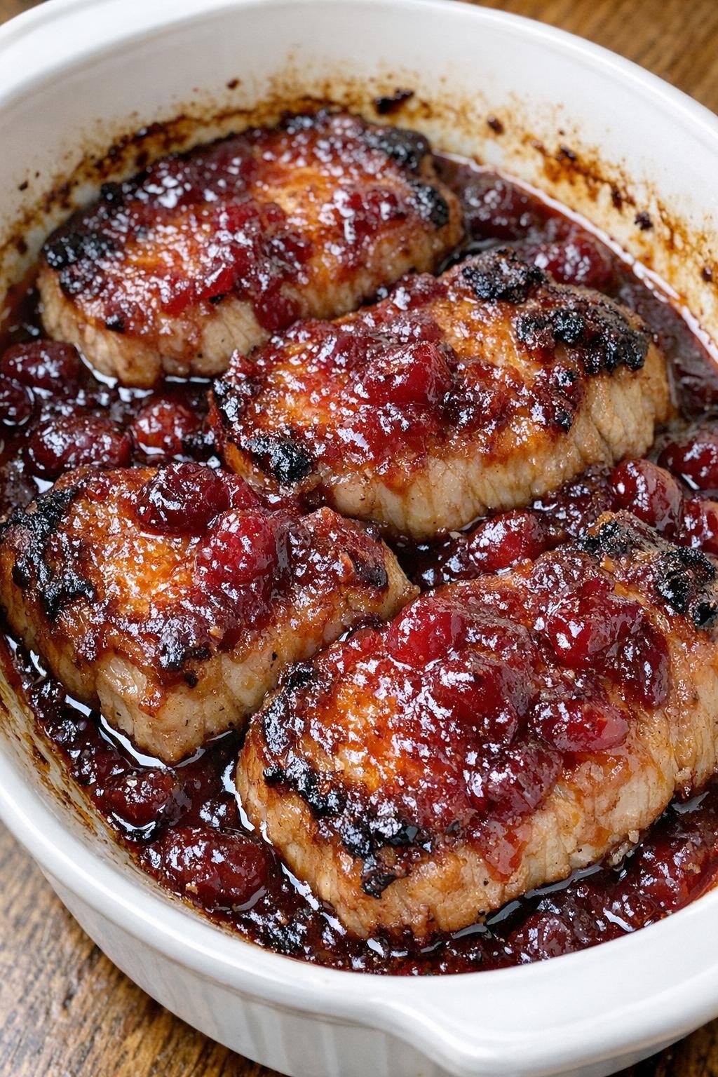 Finished baked pork chops glazed with cranberry sauce